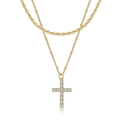 China Hot Selling CLASSIC Double Layer Zircon Necklace Gold Plating Fashion Jewelry Detachable Cross Necklaces for sale