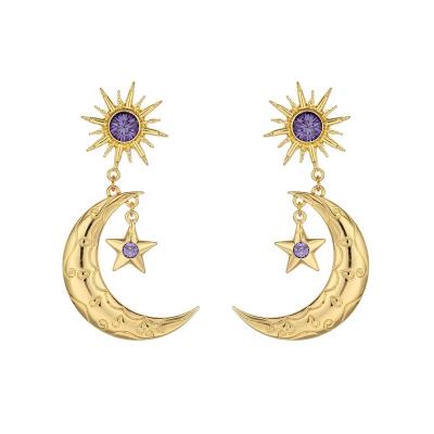 China Hot Selling Purple BOHEMIA Fashion Design Statistical Institute Metal Vintage Bohemia Diamond Star Moon Earrings Women for sale