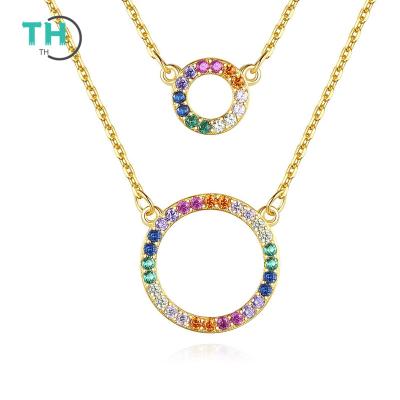 China Romantic Women Fashion Design Colored Zircon Double Circle Pendant S925 Silver Rainbow Layered Necklace for sale