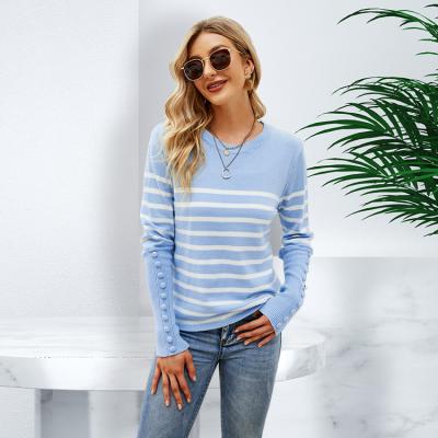 China Women's Big Pullover Sweater Button Stripe Breathable Decorative Sweater Based Sweater for sale