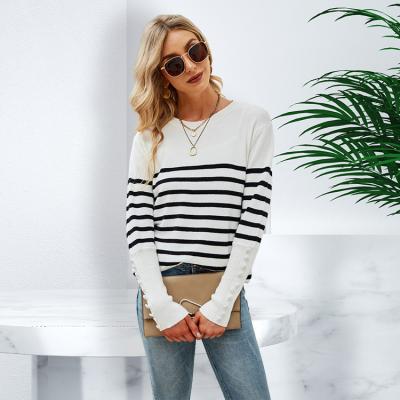 China Breathable Winter Women's Pullover Sweater With Button Striped Big Sweater Based Ladies Sweater for sale