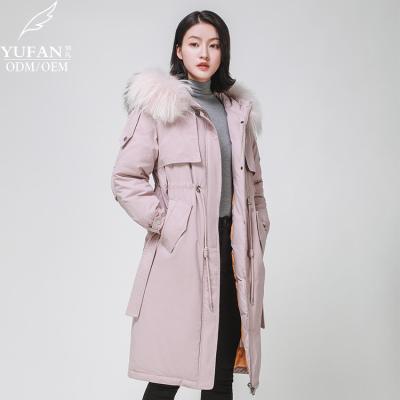 China 2023 YuFan Fox Fur Custom Breathable Winter OEM ODM Hooded Down Parka Fashion Pale Pink Parka Women's Down Parka Coats for sale