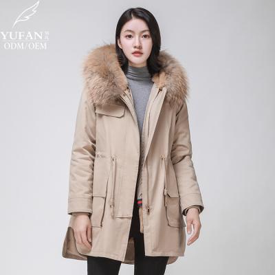 China YuFan Breathable Custom Winter Mid Length Fur Collar Hooded Down Big Pocket Coat Down Warm Parka Ladies Parka Jacket for sale