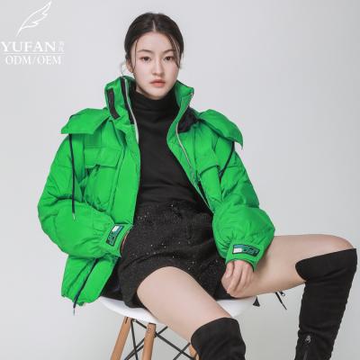 China YuFan Breathable Green Goose Down Jacket Women Ski-wear Stand Collar Shorts OEM Shape Warm Thick Loose Tracksuit Streetwear for sale