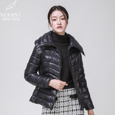 China Custom 2023 YuFan Breathable Winter OEM ODM Bright Waterproof Windproof Down Jacket Lapel Ladies Goose Down Jacket Quilted Down Coat for sale