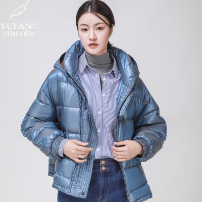 China Custom Designer Winter Hooded Down Coat Warm Women's Hooded Down Coat Yufan Breathable Bubble Stripper Down Jacket for sale