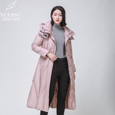 China 2023 YuFan Custom OEM ODM Hooded Duck Down Jacket Coat Fashion Belt Down Coat Ladies Windproof Warm Thin Breathable Winter Down Jacket for sale