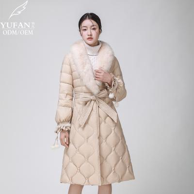 China 2023 YuFan Custom OEM ODM Fashion Breathable Fur Collar Long Down Jacket Women's Down Coat Quilted Belt Down Jacket Coat for sale