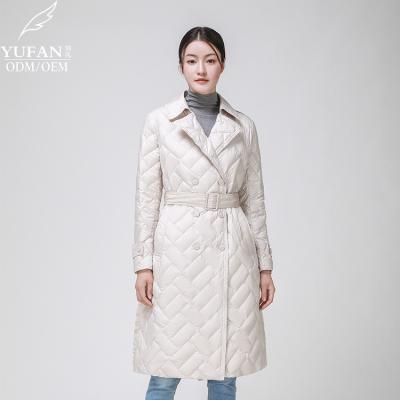 China 2023 YuFan Custom OEM ODM Breathable Winter Fashion Long Hooded Down Jacket Ladies Belt Down Coat Bathrobe Down Jacket Coat for sale