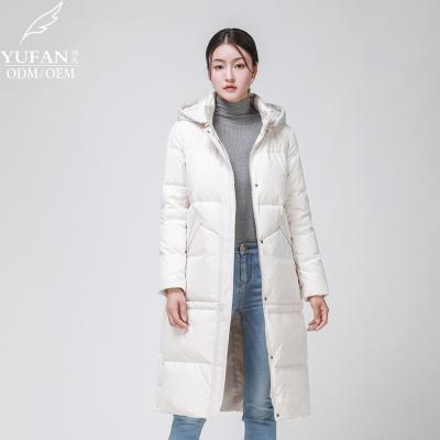 China 2023 YuFan Custom Breathable Winter ODM Winter Stylish Hooded Down Jacket Ladies Belt Long Down Coat 90 Snow White Down Jacket Coat for sale