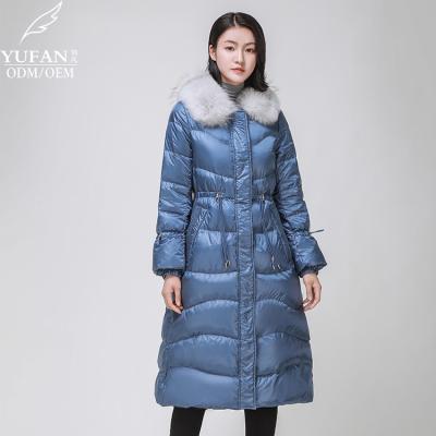 China 2023 Custom YuFan Real Fur Collar OEM ODM Winter Long Breathable Advanced Hooded Ladies Down Jacket Waterproof Glossy Down Coat Down Jacket for sale