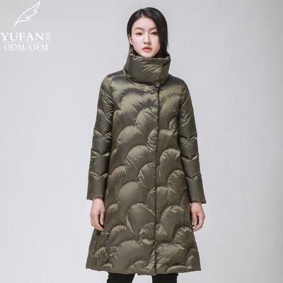 China 2023 YuFan Stripper Custom Breathable OEM ODM Winter Shiny Waterproof New Long Down Coat Ladies Wavy Quilted Down Coat Fashion Down Jacket for sale