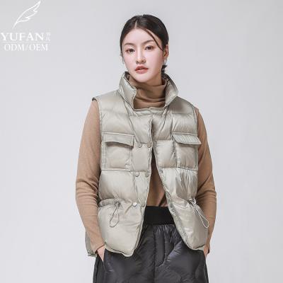 China YuFan Custom OEM ODM Winter Fashion Street Ladies Breathable 2023 Drawstring Waist Down Collar Front Pocket Duck Down Vest Backing Vest for sale