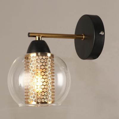 China Modern Black And Brass Metal Round Hotel Bedroom Vintage Wall Lamp Clear Glass Double Light for sale