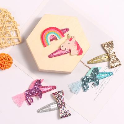 China Custom Metal Kids Unicorn Glitter Hair Clips Girl Hair Pin Foot Heat Shape BB Hair Clips for sale