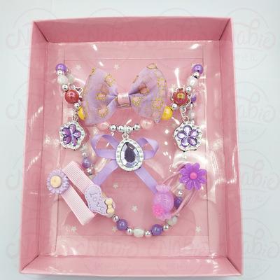 China Fashionable Pink Children's Necklace Bracelet Set Dazzle Pearl Ear Clip Ring Babies Jewelry Sets for sale