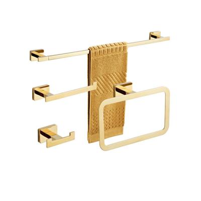 China Fashion Bathroom Hardware Set Double Towel Rack Towel Robe Hook Gold 4 Set for sale