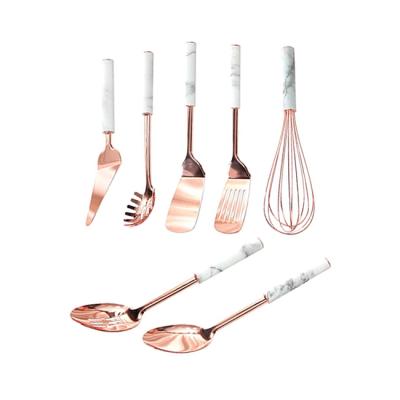 China Stocked Shape 7 Piece Kitchen Cooking Tool Stainless Steel Marble Rose Gold Kitchen Utensil Set for sale