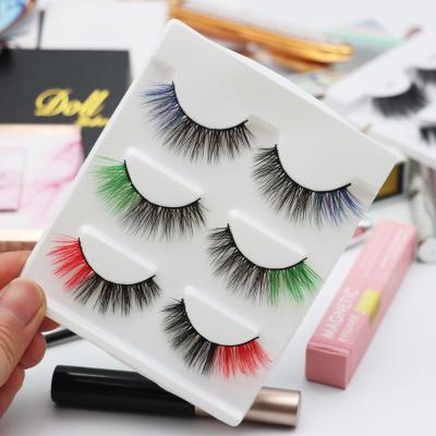 China Wholesale Full Winged Colored Silk Stripe Lashes Faux Yellow Blue Pink Mink Lashes 3d 5d 15mm 25mm Mink Colors Eyelashes Eye-ends Vendor for sale