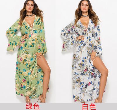 China 2020 newest summer floral print boho dress anti-static green floral print vestidos women casuales for sale