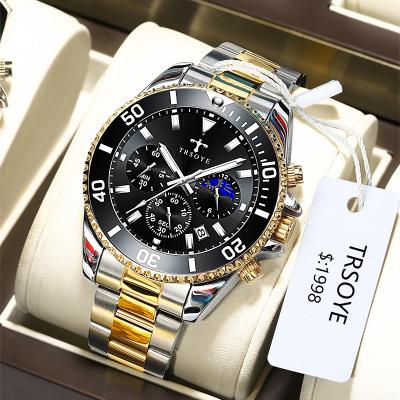 China Top Luxury Brand Men's Custom Auto Date 24 Hours Day Night Quartz Wristwatches TRS688 Business Band Stainless Steel Wrist Watch for sale