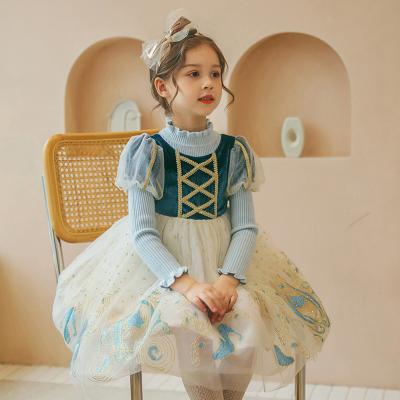 China Polyester/Cotton Autumn And Winter Girls Dresses 2021 New Princess Western Dress Children'S Velvet Mesh Aisha Dress Knitted Skirt for sale