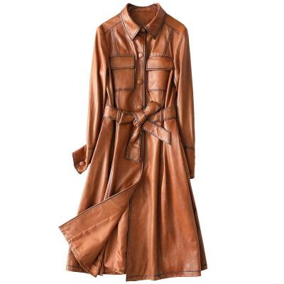 China Breathable Slim Leather Sheepskin Overcoat Ladies Autumn Spring Coat Ladies Long Coat for sale