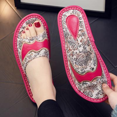 China Summer Waterproof Anti-slip Embroider Genuine Leather Designer Slides Sandals Shoes Women Flip Flop for sale