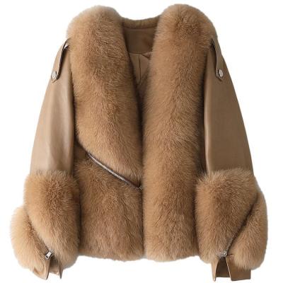 China 2021 New Arrival Breathable Winter Sheep Leather With Fox Fur Coat Women Fox Fur Coat for sale