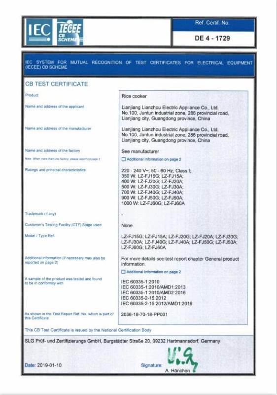 CE - Lianjiang Lianzhou Electric Appliance Co., Ltd.