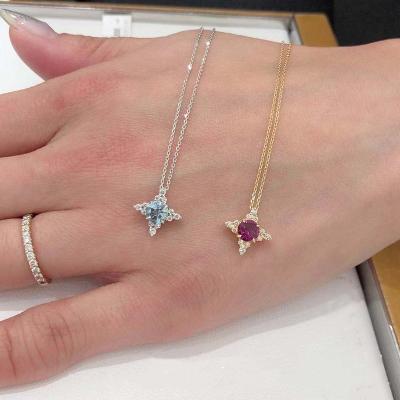 China Simple Light Luxury Silver Plated Short Clavicle Necklace Ruby Sapphire Diamond Necklace 925 Vintage Four Corner Star Necklace for sale