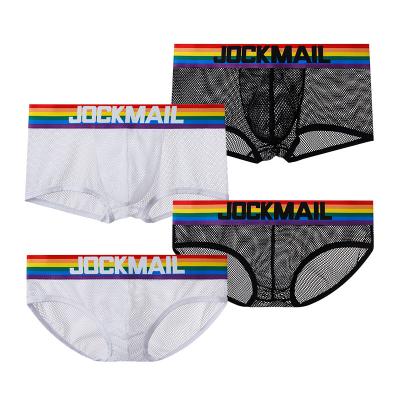 China Antibacterial Jockmail Rainbow Waistband Net Boxer Shorts Mesh Briefs To See Men's Transparent Underwear for sale