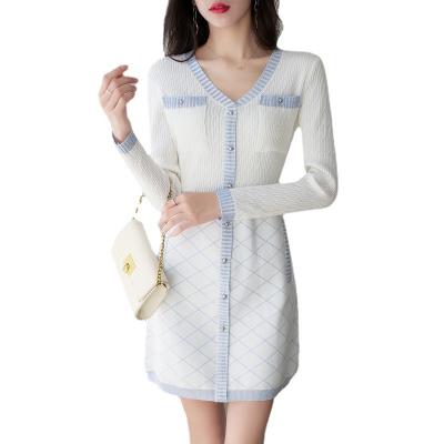 China Autumn Winter New Fashion Elegant Pattern Geometric V-Neckline Dress Sweater Knitted Parride Long for sale