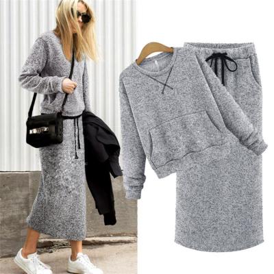 China Breathable Pullover Hoodie Two Piece Set Winter Drawstring Casual Crop Tops Long And Long Skirt 2 Piece Teams Women's Hoodie Set for sale