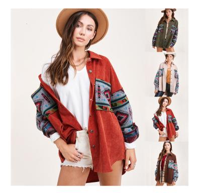 China 2021 New Arrival Anti-wrinkle Autumn Vintage Aztec Patchwork Pocket Corduroy Women Coat for sale