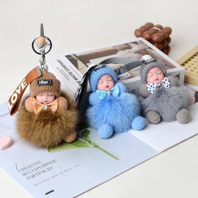 China Promotion Gift Women Bag Handbag Flower Doll Key Chain DIY Rabbit Fur Pom Pom Sleep Baby Key Chain for sale