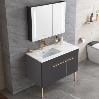 China Modern Dark Wall Mounted PVC Dressing Table Solid Wood Bathroom Cabinet With Smart Mirror for sale