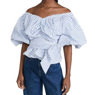 China Anti-pilling 2022 Summer Mature Women Fashion Peplum Shorts Sleeve Anti-pilling 100% Cotton Tops White Blue Stripe Blouse Shirts for sale