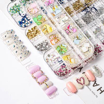 China SZ-B1 Shiny And Durable Nail Art Designs 12 Grids Mix Size Crystal Flat Back Rhinestone Shape Diamond Metal Rivet Jewelry For Nail Art Decoration for sale