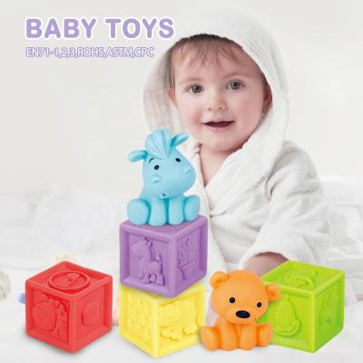 China Cartoon Baby Silicone Stacking Early Squeeze Toy Soft Animal Block 12 PCS Educational Toy Soft Rubber Blocks Set for sale