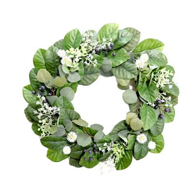 China Naturalistic 24 inches Artificial Magnolia Leaf Wreath Plastic Dandelion Eucalyptus Berries Faux Greenery for sale