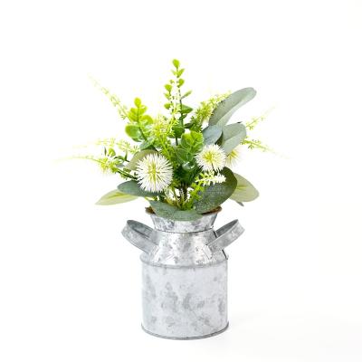 China Naturalistic 11 Inch Artificial Dandelion Potted Milk Can Flower Iron Pot Plastic Plant For Table Decoration Home Items for sale