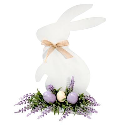 China Garden Decor 16 Inch Easter MDF Rabbit With Purple Lavender Flowers Freestanding Wood Bunny Decoration for sale