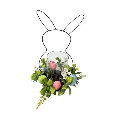 China Home Decoration 14.5 Inch Iron Art Rabbit With Candle Holder Glass Tube Vase Decorative Flower Wreath Plants Home Decor for sale