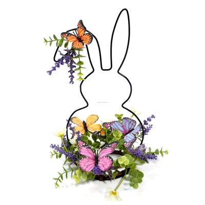 China Garden Decor 12 Inch Black Metal Standing Bunny Shaped Iron Arts With Simulated Butterfly Decorations for sale