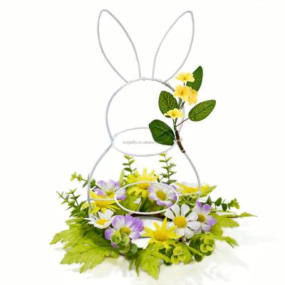 China Garden Decor 12 Inch White Iron Wire Rabbit With Artificial Daisy Flower Wreath Candle Holder Home Table Decor for sale