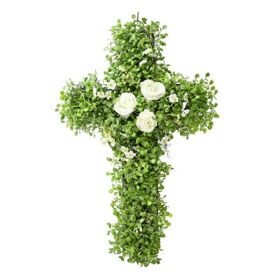 China Door Wall Hanging White Rose Cross Tribute Funeral Memorial Decoration For Funeral Wreaths Christian Gifts for sale