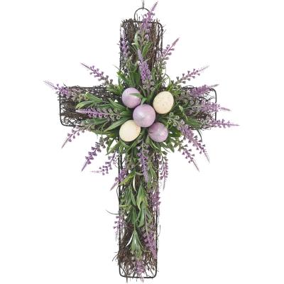 China Memorial Decoration Metal Iron Cross Wreath With Easter Eggs Artificial Lavender Flowers Hanging Holiday Party Gift Decoration for sale