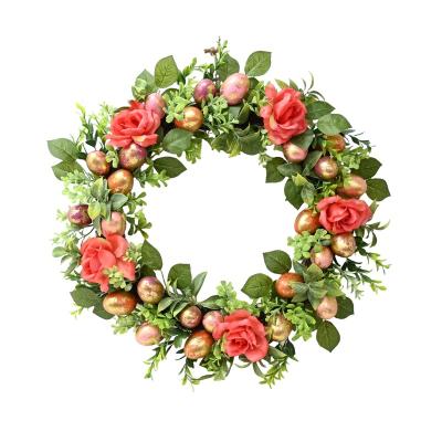 China Wedding Decoration 22 Inch Romantic Artificial Silk Rose Flowers Wreath With Gold Foil Easter Egg For Door Home Party Decor for sale