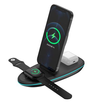 China 3 in 1 wireless charger for mobile type C iphone iwatch airpods cell phone accessories USB-C chargers Coil 3 in1 15W magnetic wireless charger stand 3 in 1 for 3 in 1 wireless charger iPhone 12 13 for sale